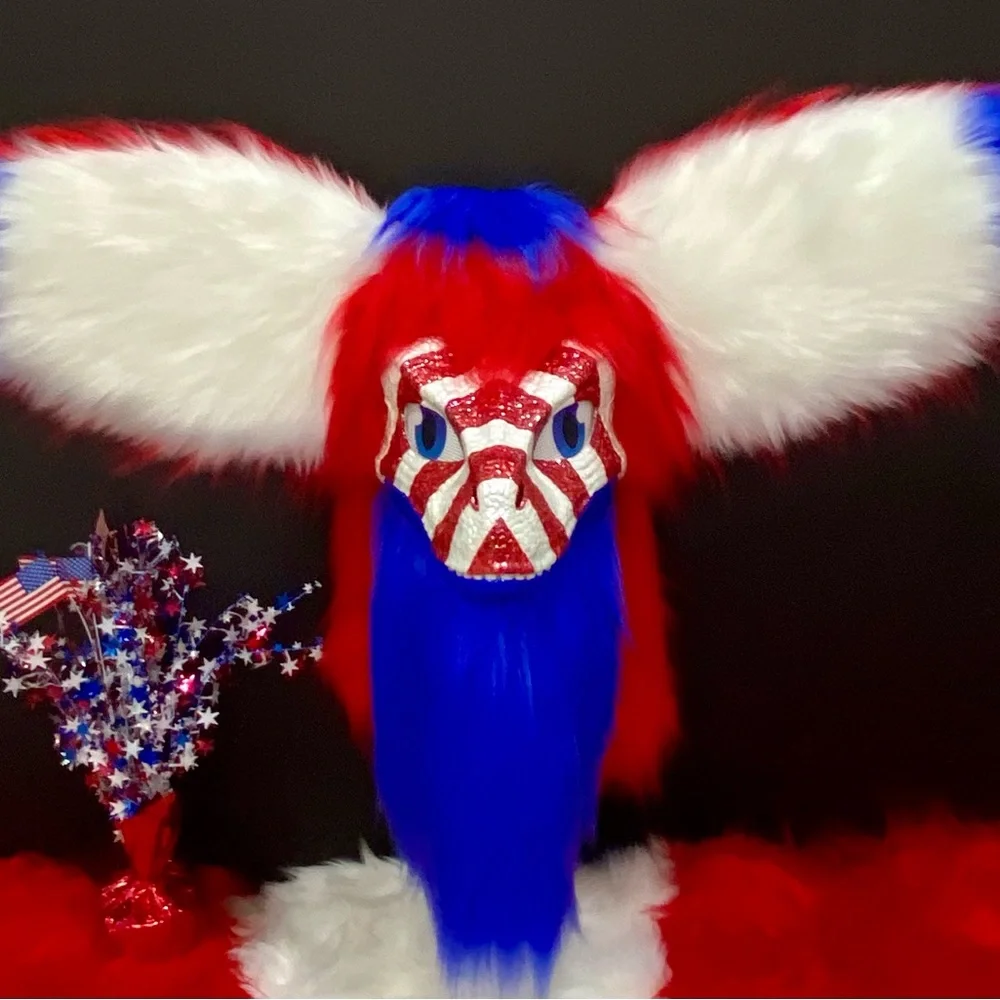 Dino Furry Mask. Patriotic Red White and Blue Glitter Fursuit Head  read detail